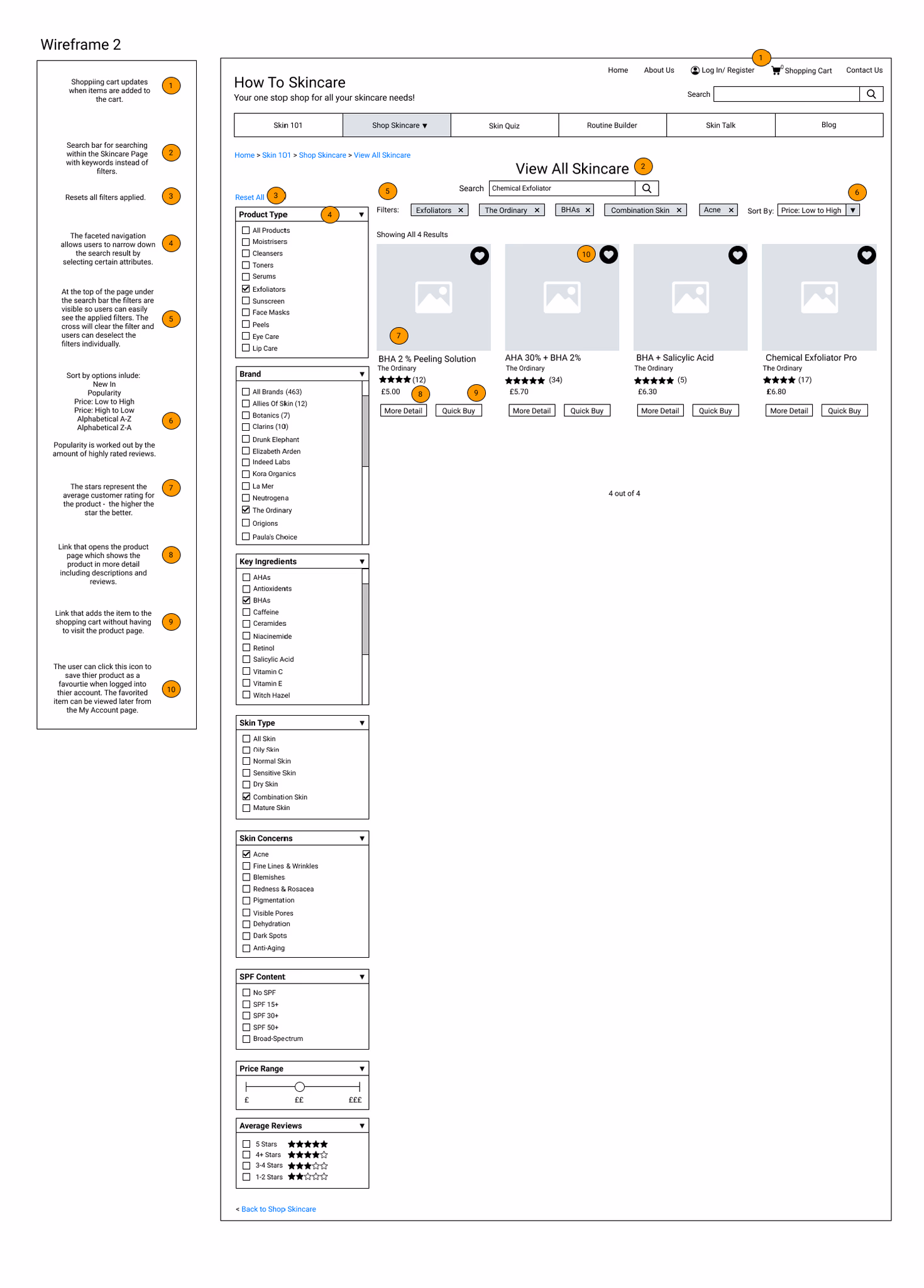 Wireframe 2: Shop Skincare results page